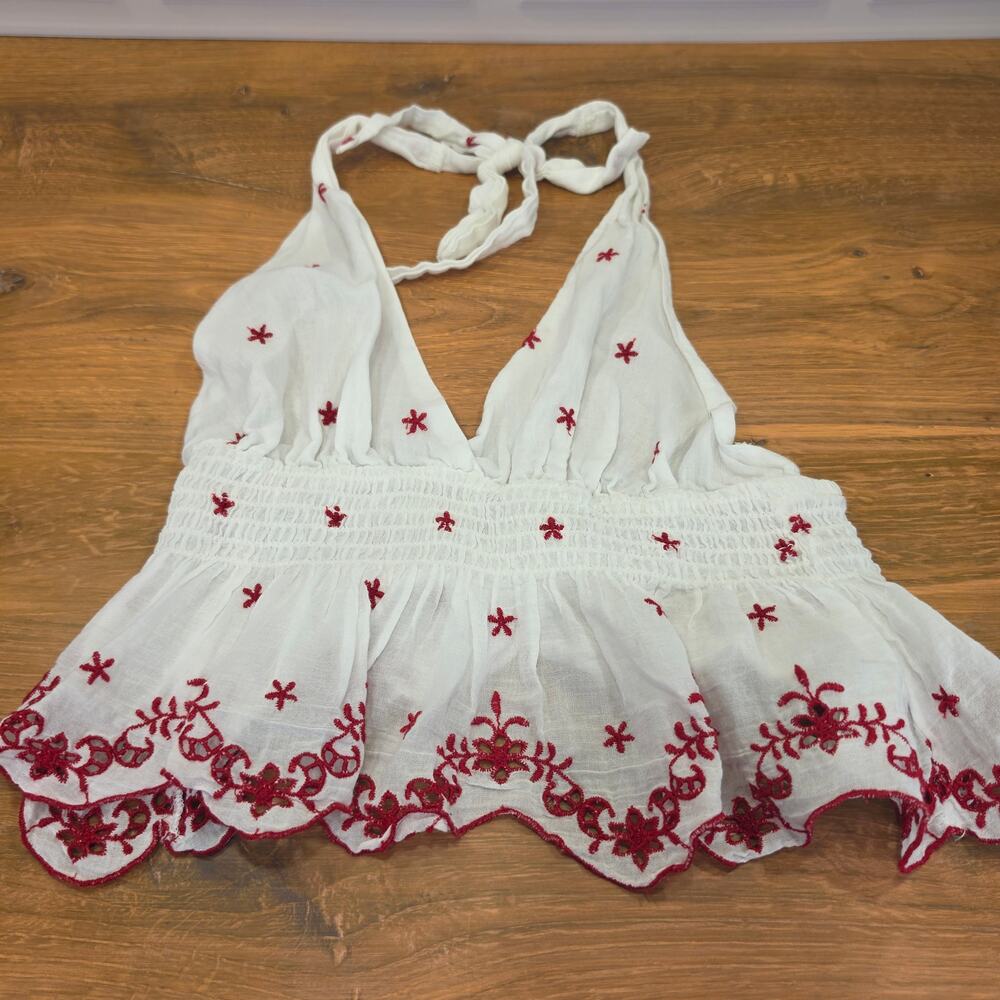Stradivarius White Red Embroidered Smocked Halter Boho Top Small